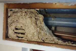Nido de avispas dentro del cajón de una persiana