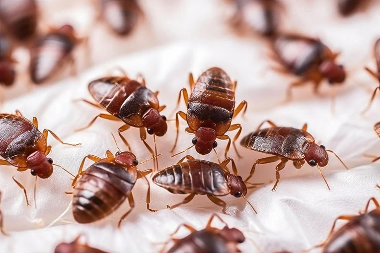 Chinches de cama agrupadas en la costura de un colchón