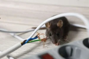 Ratón junto a un cable eléctrico con el aislante roído